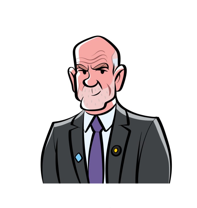 Portrait illustration of Peter FitzSimons, a bald man in a grey suit with purple tie