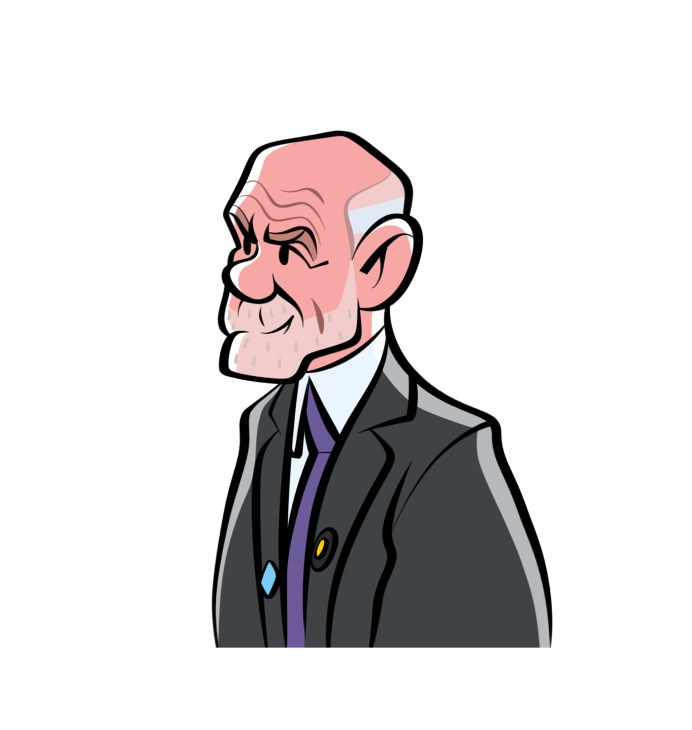 Illustration of Peter FitzSimons in a suit with purple tie