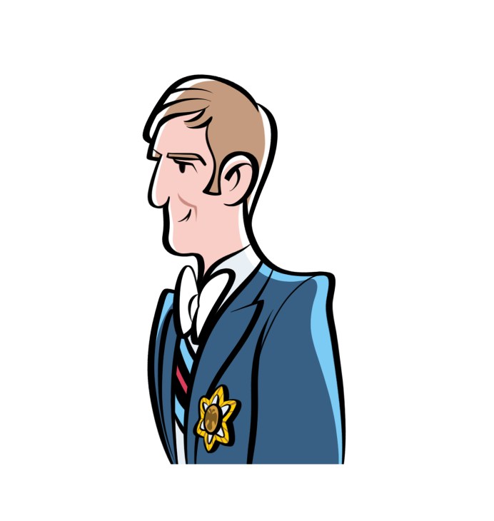 Illustrated portrait of Crown Prince Leka II in formal blue suit with decorative medal