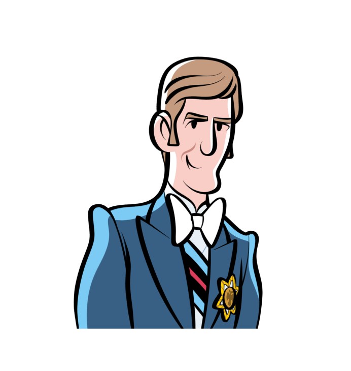 Cartoon illustration of Crown Prince Leka II in a blue suit with blonde hair and formal attire