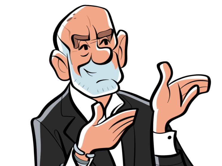 Illustration of an older man with glasses and white beard wearing a dark suit