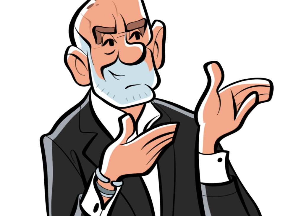 Illustration of an older man with glasses and white beard wearing a dark suit