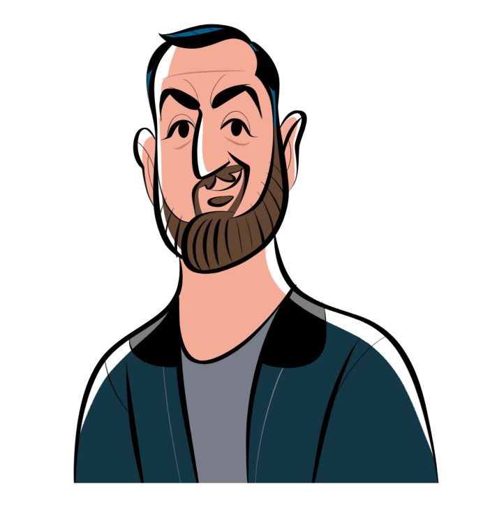 Portrait illustration of Dr Jamie Woodcock, bearded man in dark jacket