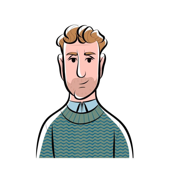 Illustrated portrait of Alexis Self, the debate moderator, wearing a patterned sweater over a collared shirt