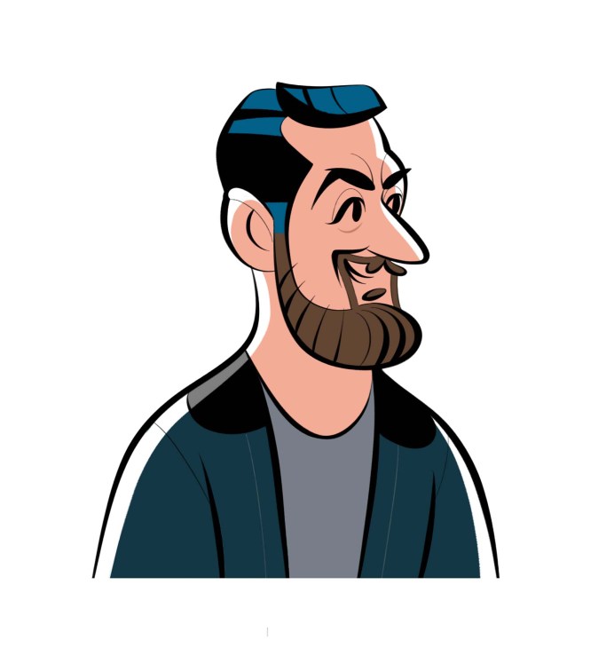 Portrait illustration of Dr Jamie Woodcock with dark hair and beard wearing a blue jacket