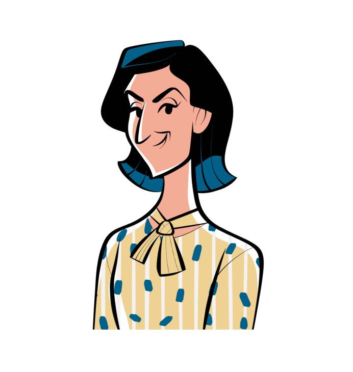 Portrait illustration of Maya Gur, business coach, showing a woman with black hair and blue-tipped ends
