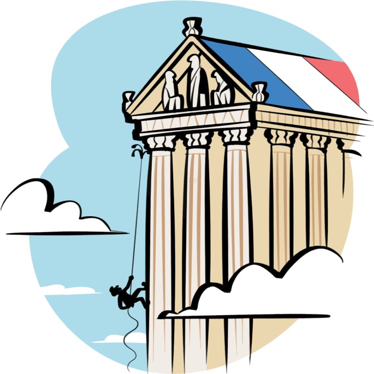 Classical temple building with columns partially submerged in water with French flag colors on the roof