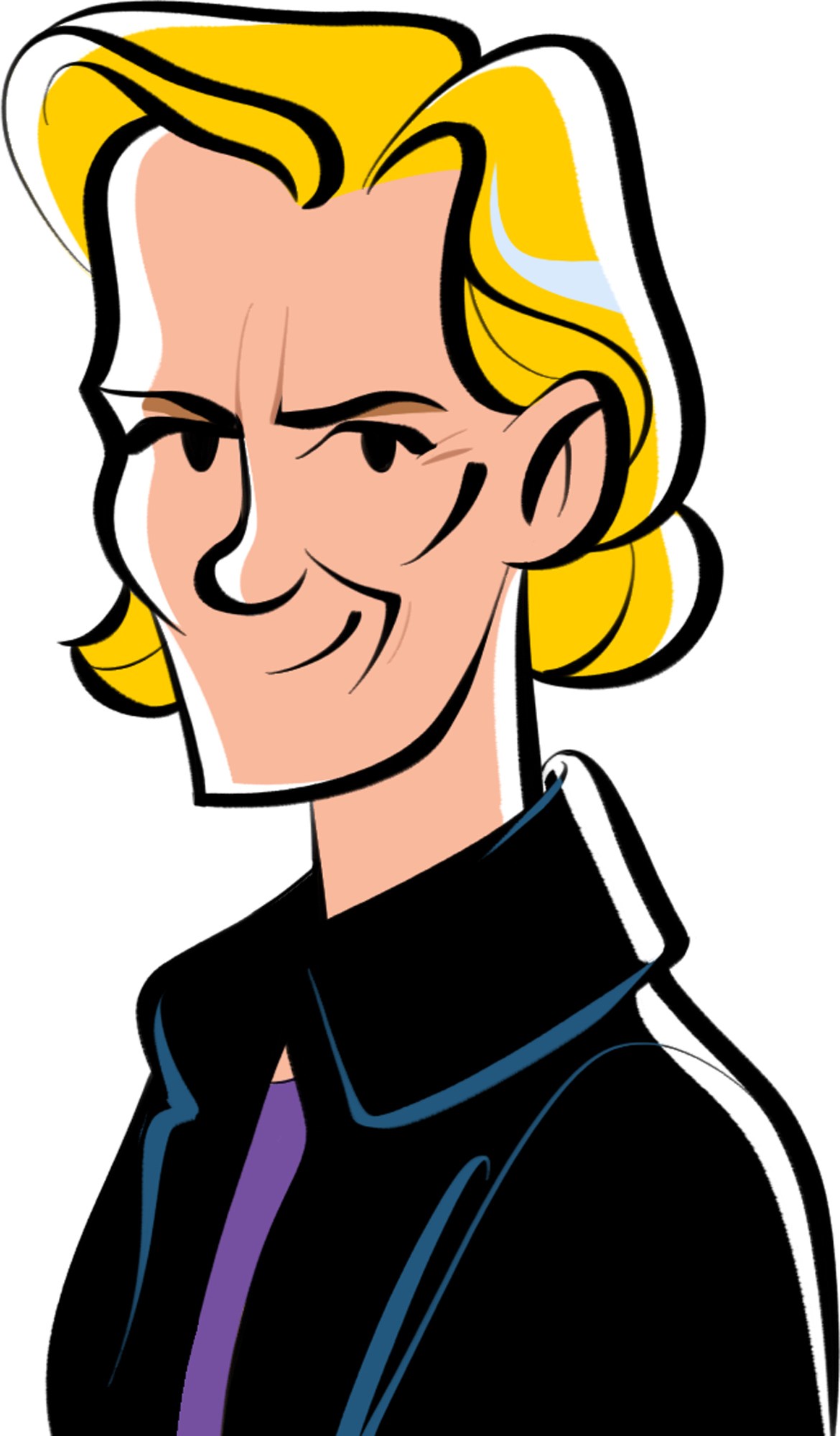 Stylized illustration of a blonde man in a dark suit with purple tie