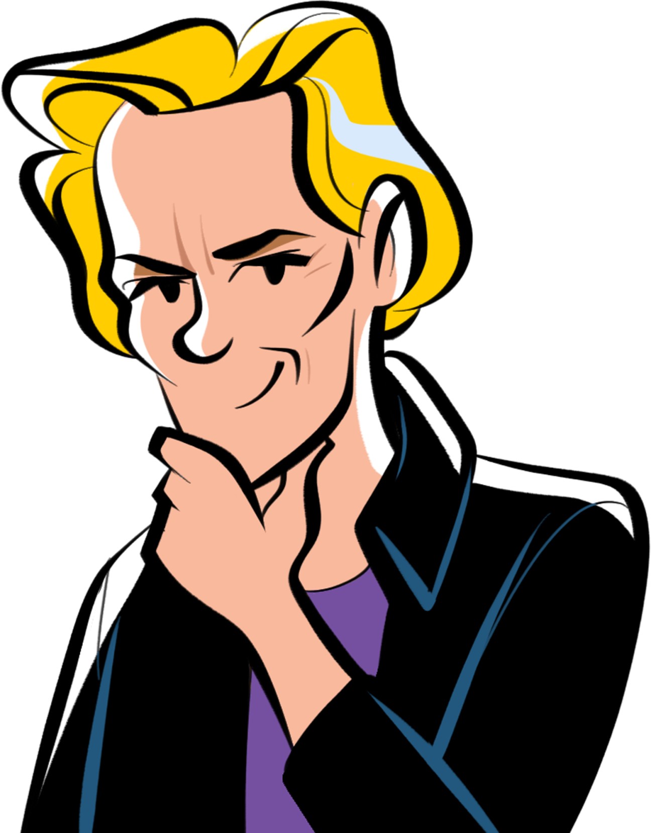 Stylized illustration of a blonde man in a dark suit with hand thoughtfully positioned near his chin
