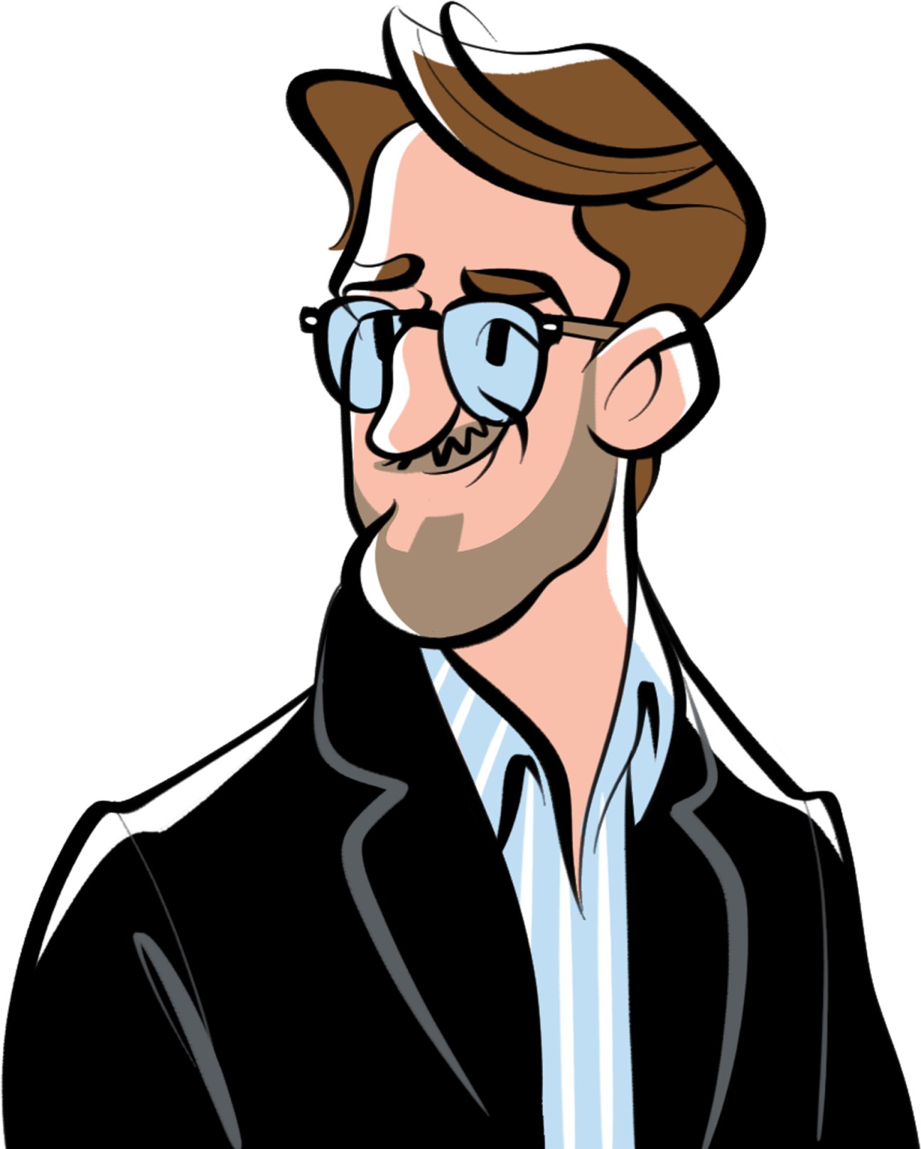 Illustrated portrait of a man with brown hair, glasses, and beard wearing a dark jacket over light blue shirt