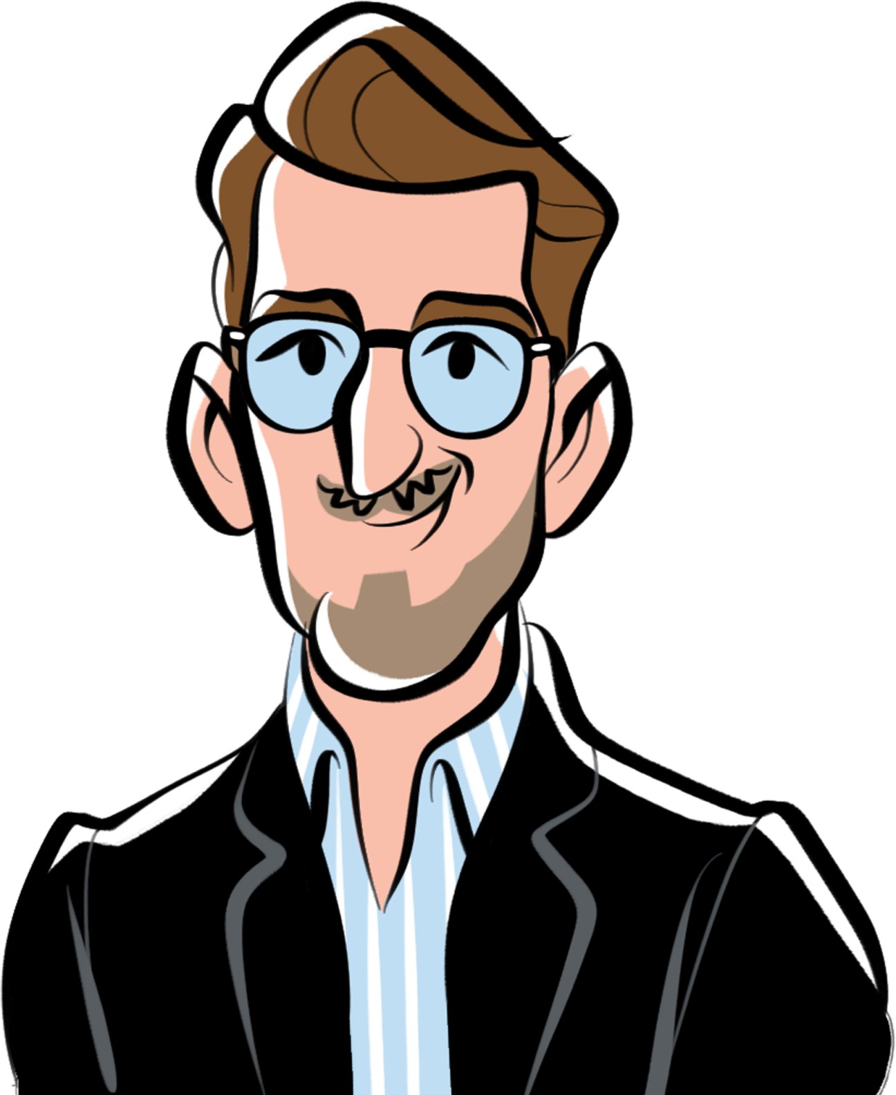 Joseph de Weck, illustrated portrait of man with brown hair, glasses, mustache and goatee wearing black jacket