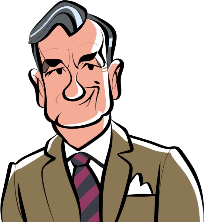 Gérard Araud, illustrated portrait of man in brown suit with striped tie