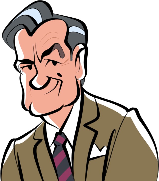 Illustration of a man in a brown suit with gray hair and striped tie