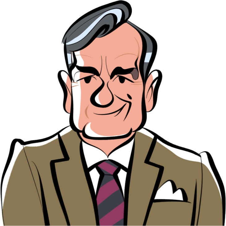 Illustrated portrait of a middle-aged man with grey hair wearing a brown suit and striped tie