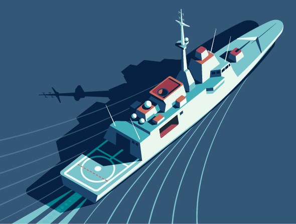 Stylized illustration of a naval destroyer ship cutting through dark blue waters with wake trails behind it