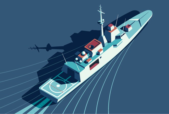 Stylized illustration of a naval destroyer ship cutting through dark blue waters with wake trails behind it