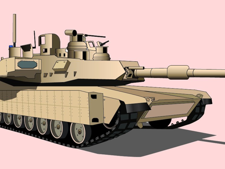 M1A2 Abrams tank in desert camouflage illustrated in profile view