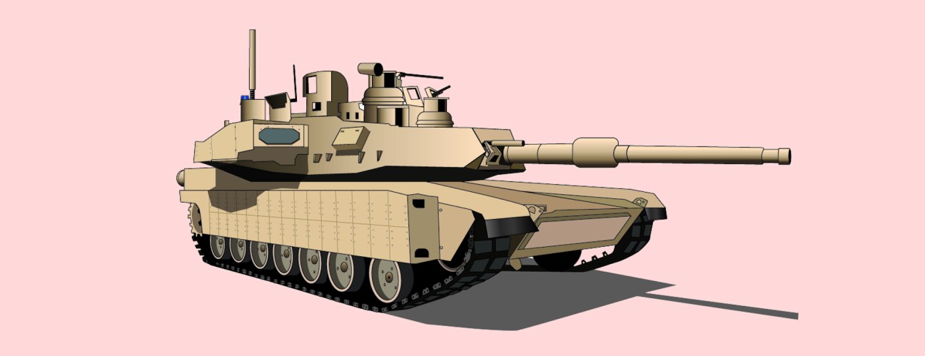 M1A2 Abrams tank in desert camouflage illustrated in profile view