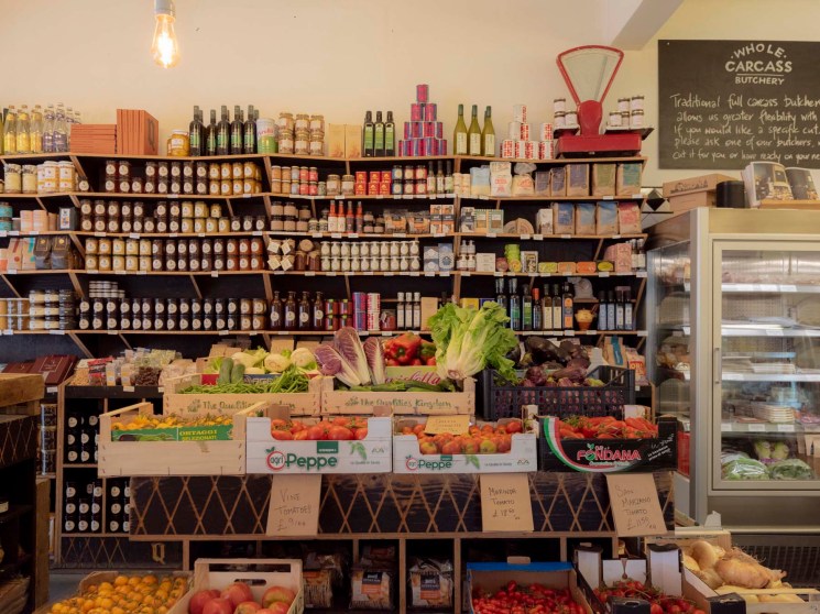 Display of gourmet preserves and pantry items at The Quality Chop House Shop