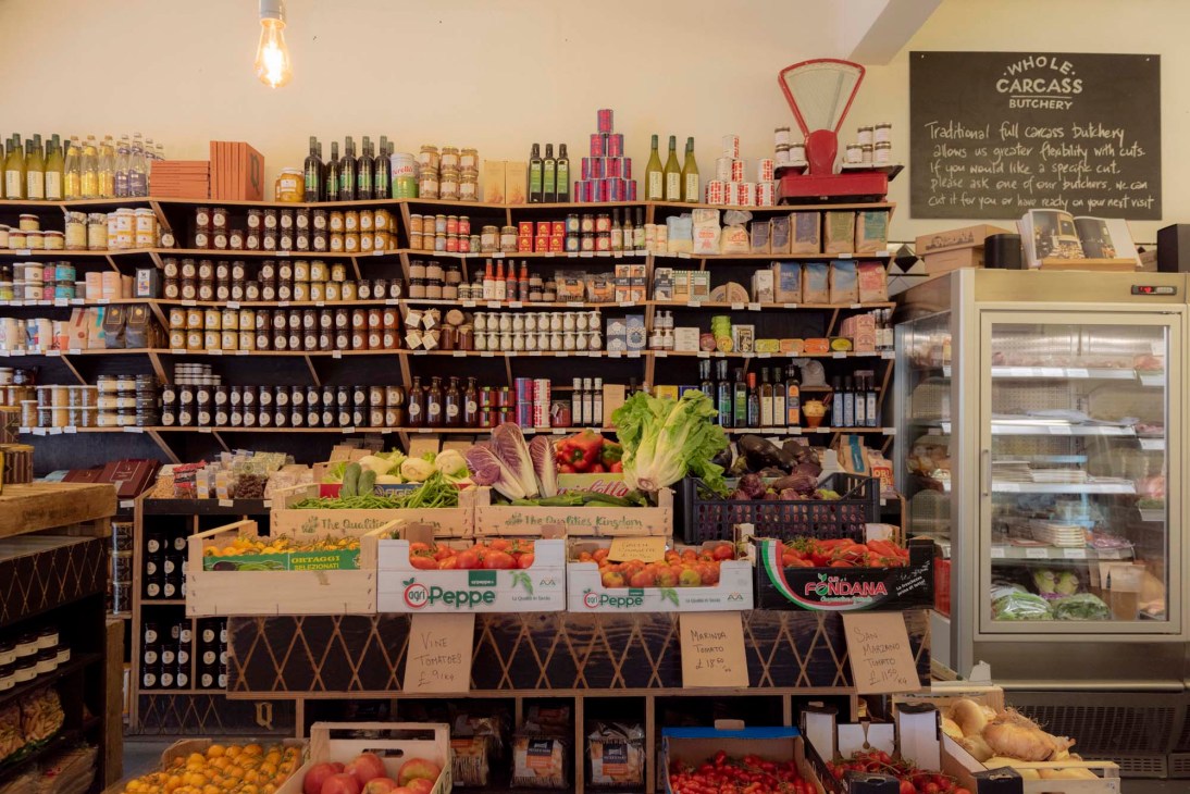 Display of gourmet preserves and pantry items at The Quality Chop House Shop