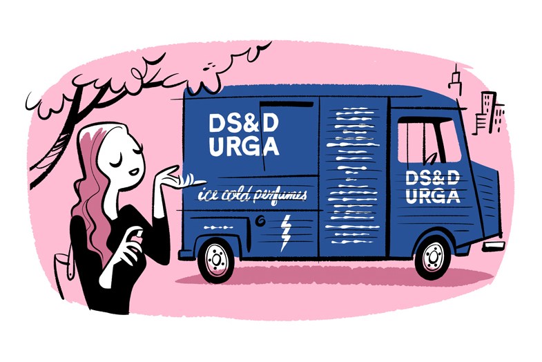 Illustration of DS & Durga's blue ice cream van selling chilled perfumes with a woman customer nearby.