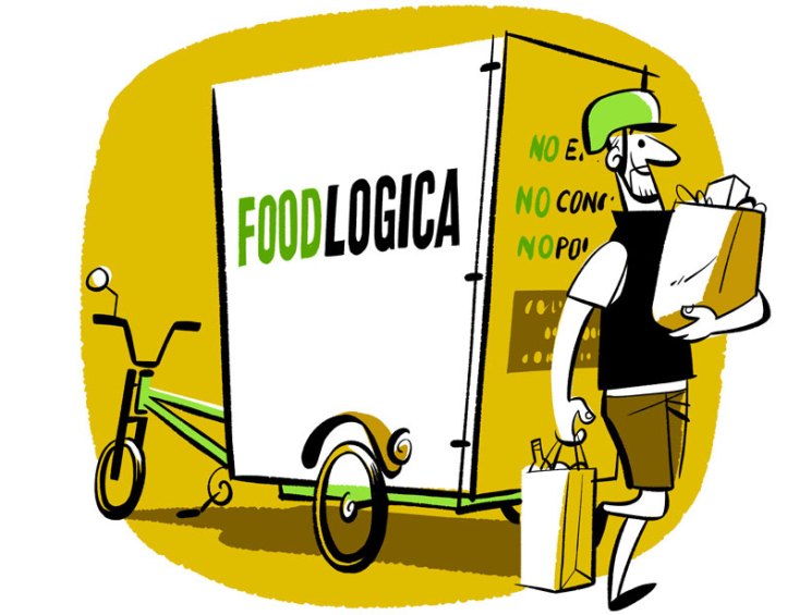 Illustration of Foodlogica's electric cargo bicycle with refrigerated box and delivery person in yellow and green.