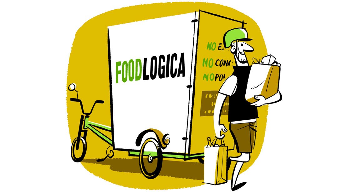 Illustration of Foodlogica's electric cargo bicycle with refrigerated box and delivery person in yellow and green.
