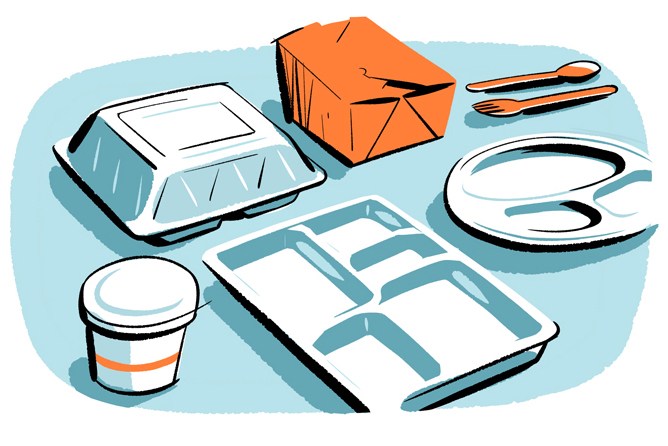 Illustration of eco-friendly food packaging including biodegradable takeaway boxes, containers, and utensils on a blue background.
