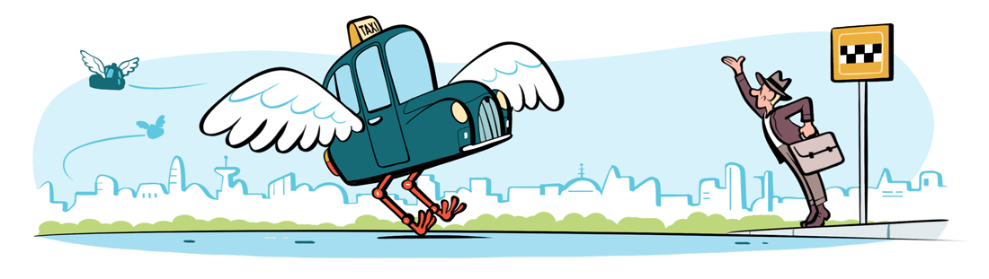Illustrated taxi with wings and bird feet running past a taxi stand sign with a person waiting