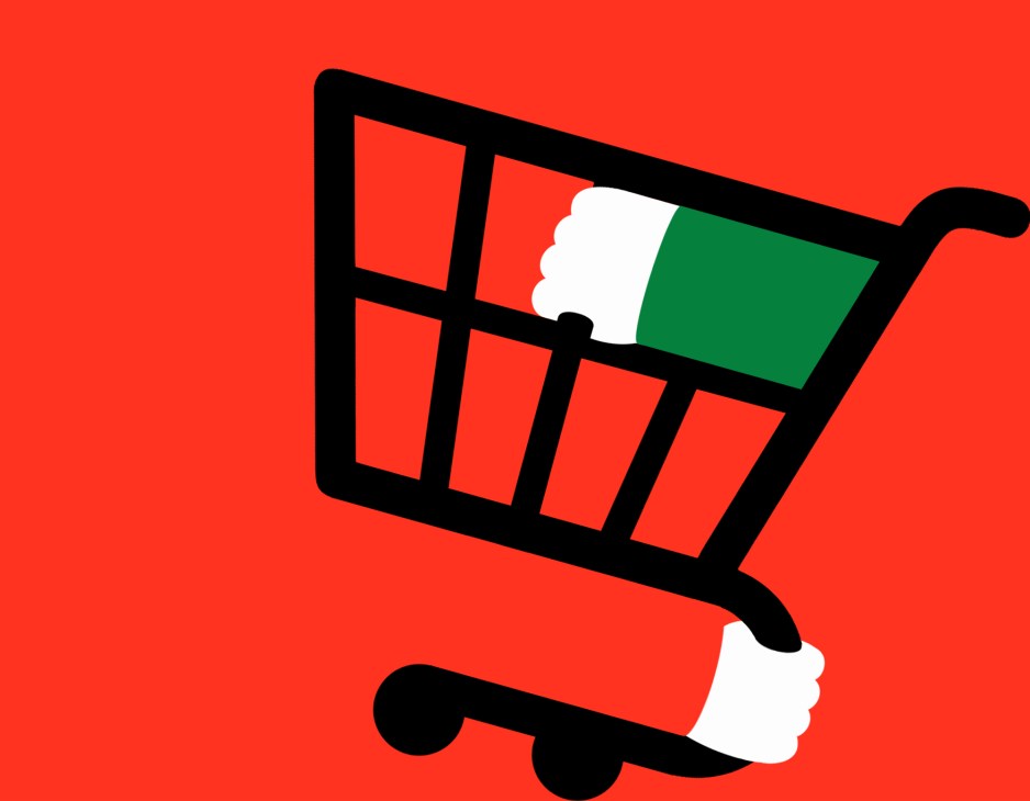 Black shopping cart outline on red background with white and green rectangular item inside