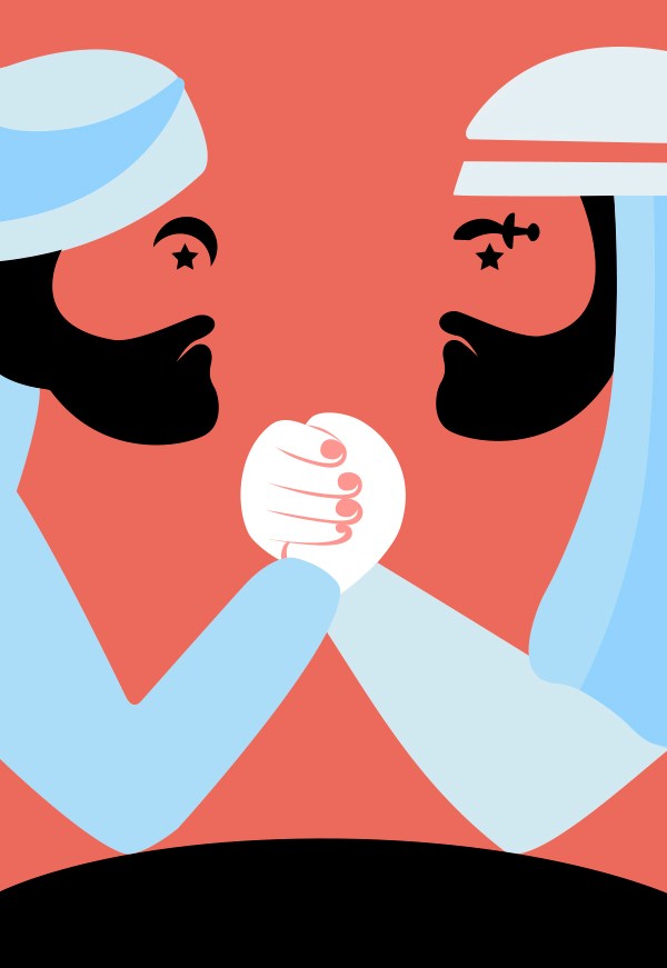 Stylized illustration of two men in traditional Middle Eastern dress shaking hands
