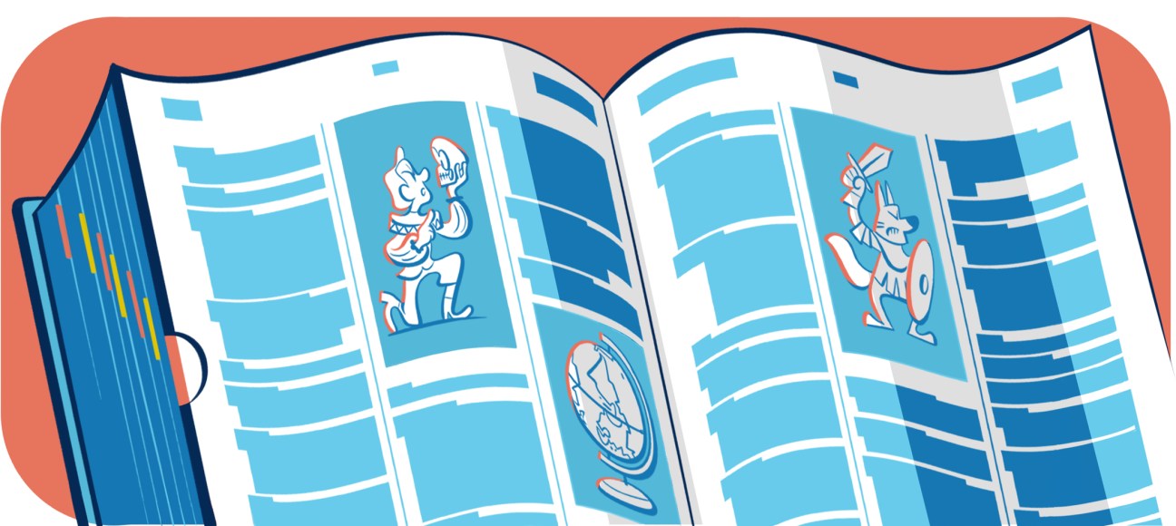 Illustration of an open book with flags and cartoon characters representing diplomatic concepts.