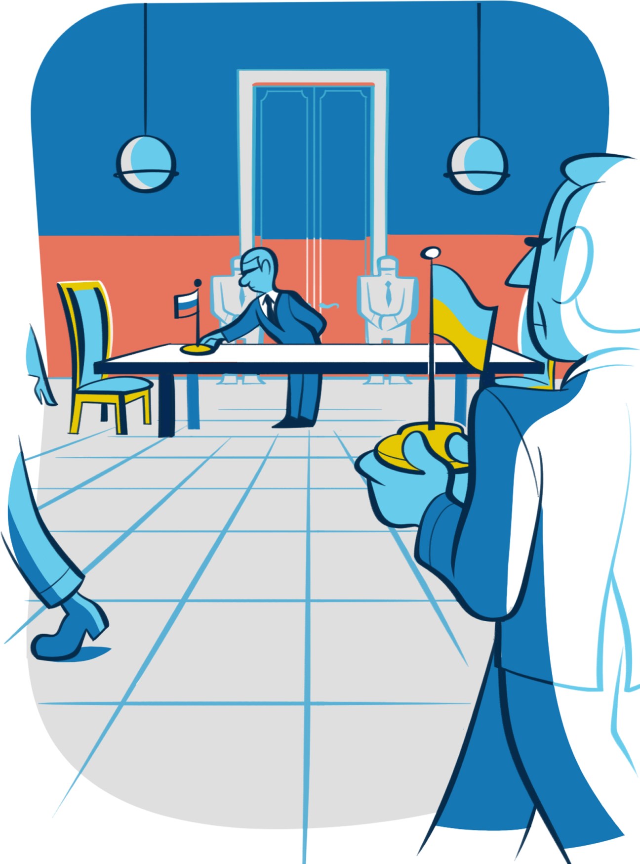 Illustration of two diplomats negotiating across a table in a formal meeting room.