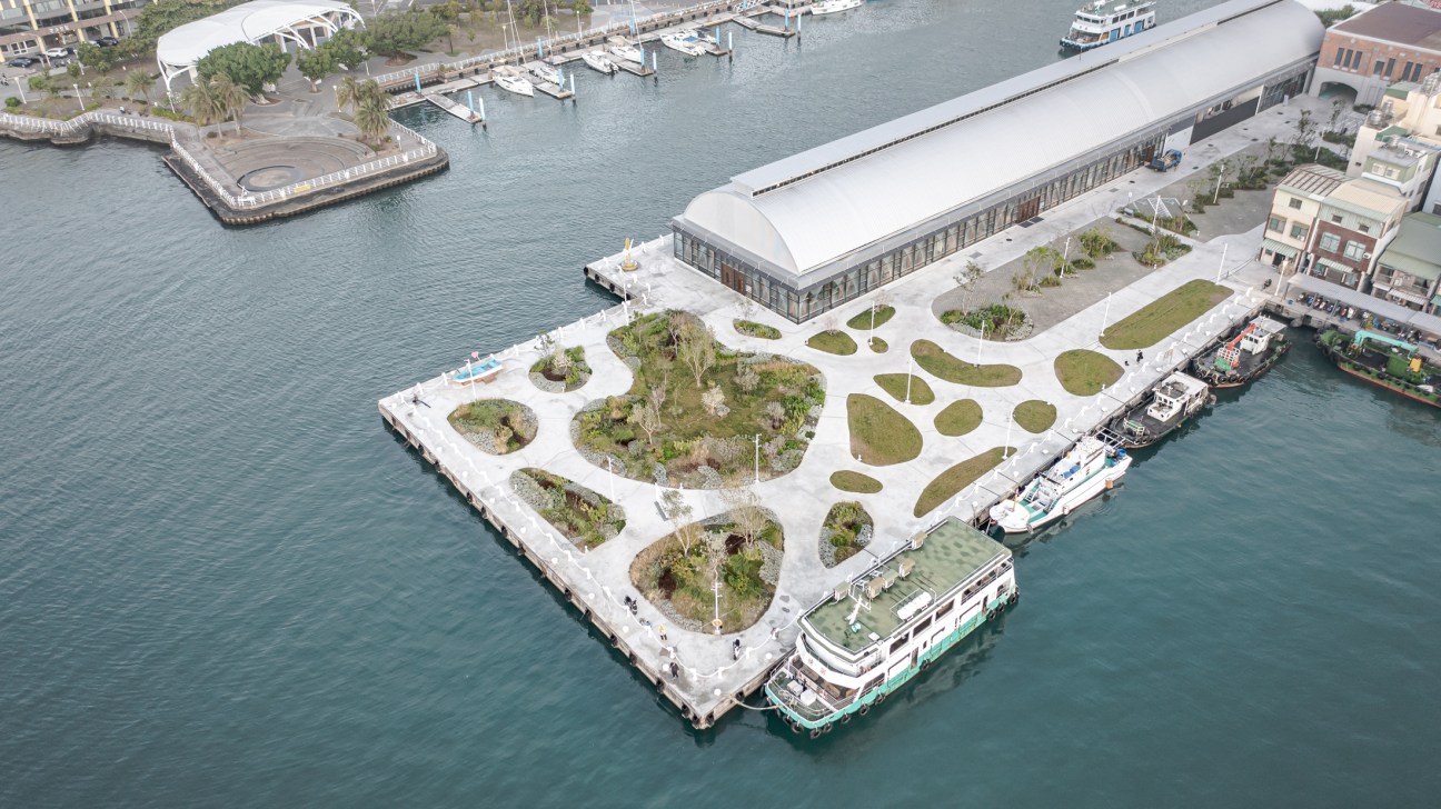 Aerial view of the revitalised Gushan Fish Market complex showing the preserved Dutch-style brick entry and new linear building
