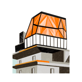 Modern building with geometric orange rooftop structure and white lower levels