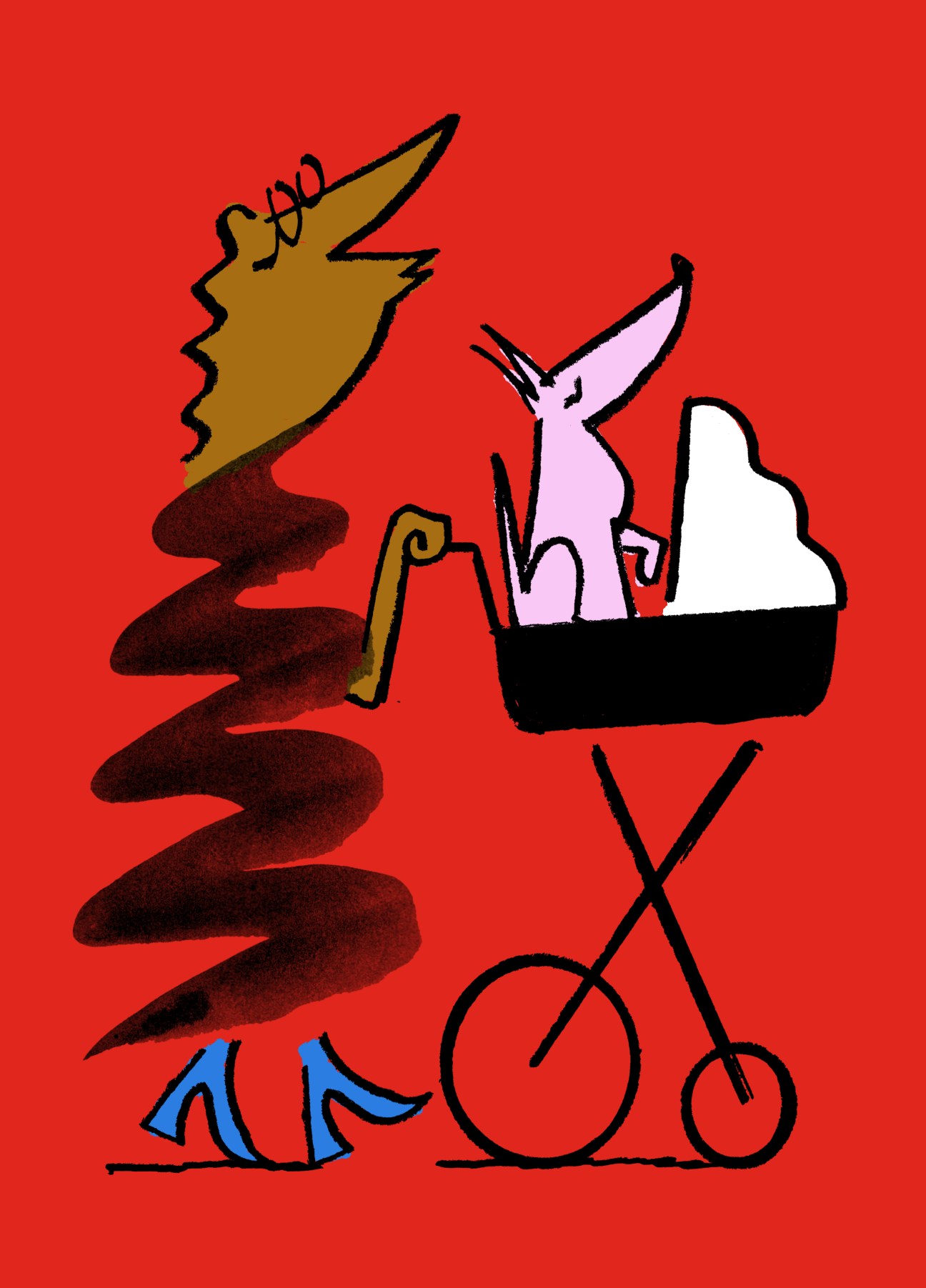 Colorful illustration of a dog in a stroller next to a person with a bicycle on red background
