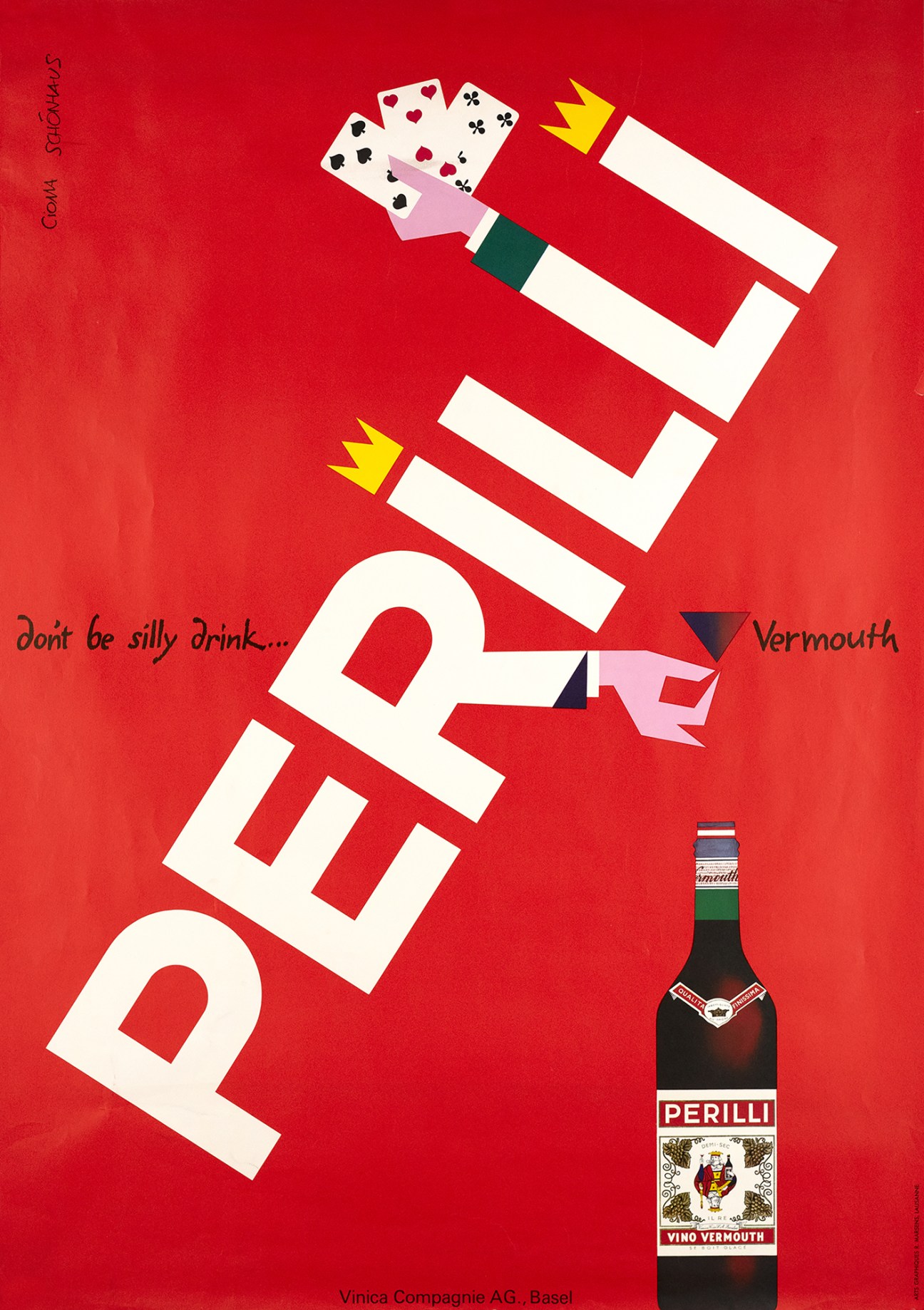 Vintage Perilli vermouth advertisement poster with red background, white text, playing cards, and bottle illustration