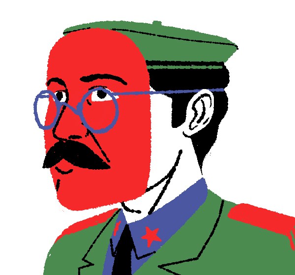 Stylized portrait illustration of a person with mustache wearing glasses and military-style cap