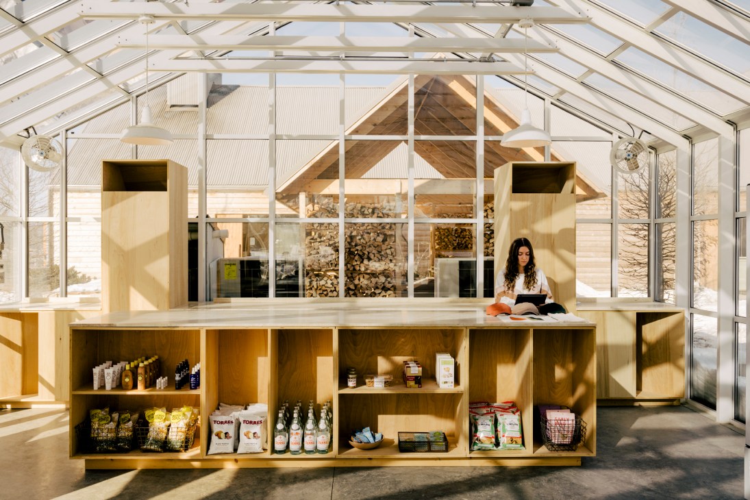 Woman sitting cross-legged reading on wooden shelving unit inside glass greenhouse structure