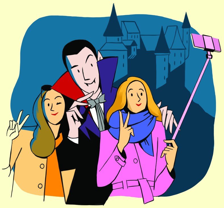 Three tourists taking a selfie with a castle in the background at dusk