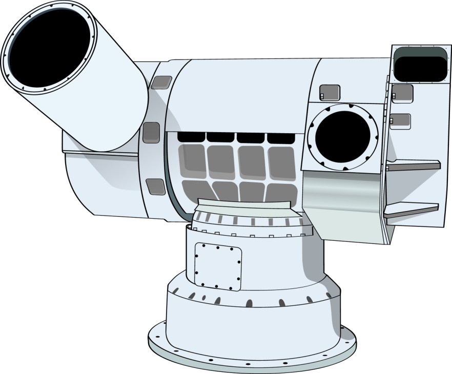 The Dragonfire laser weapon system mounted on a white cylindrical turret with multiple sensors and components