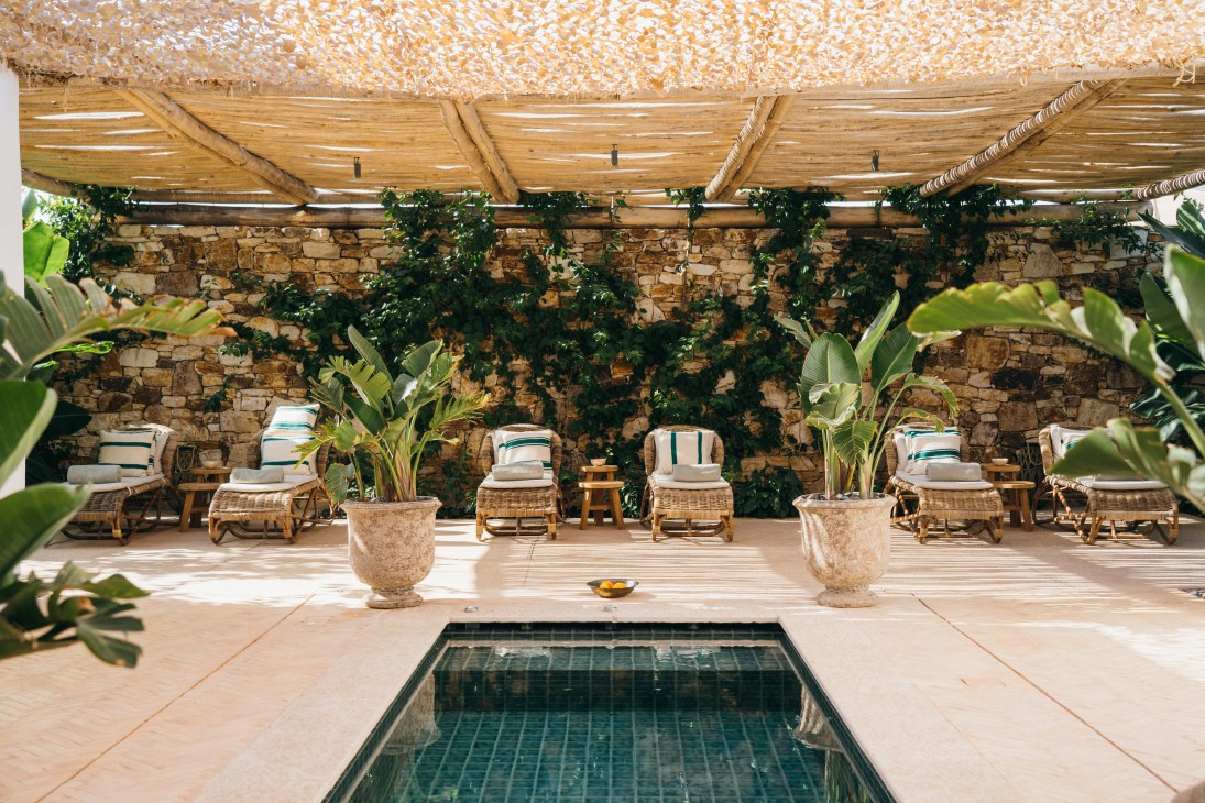 Outdoor spa area with stone pool, wicker loungers, potted plants and ivy-covered stone wall under pergola