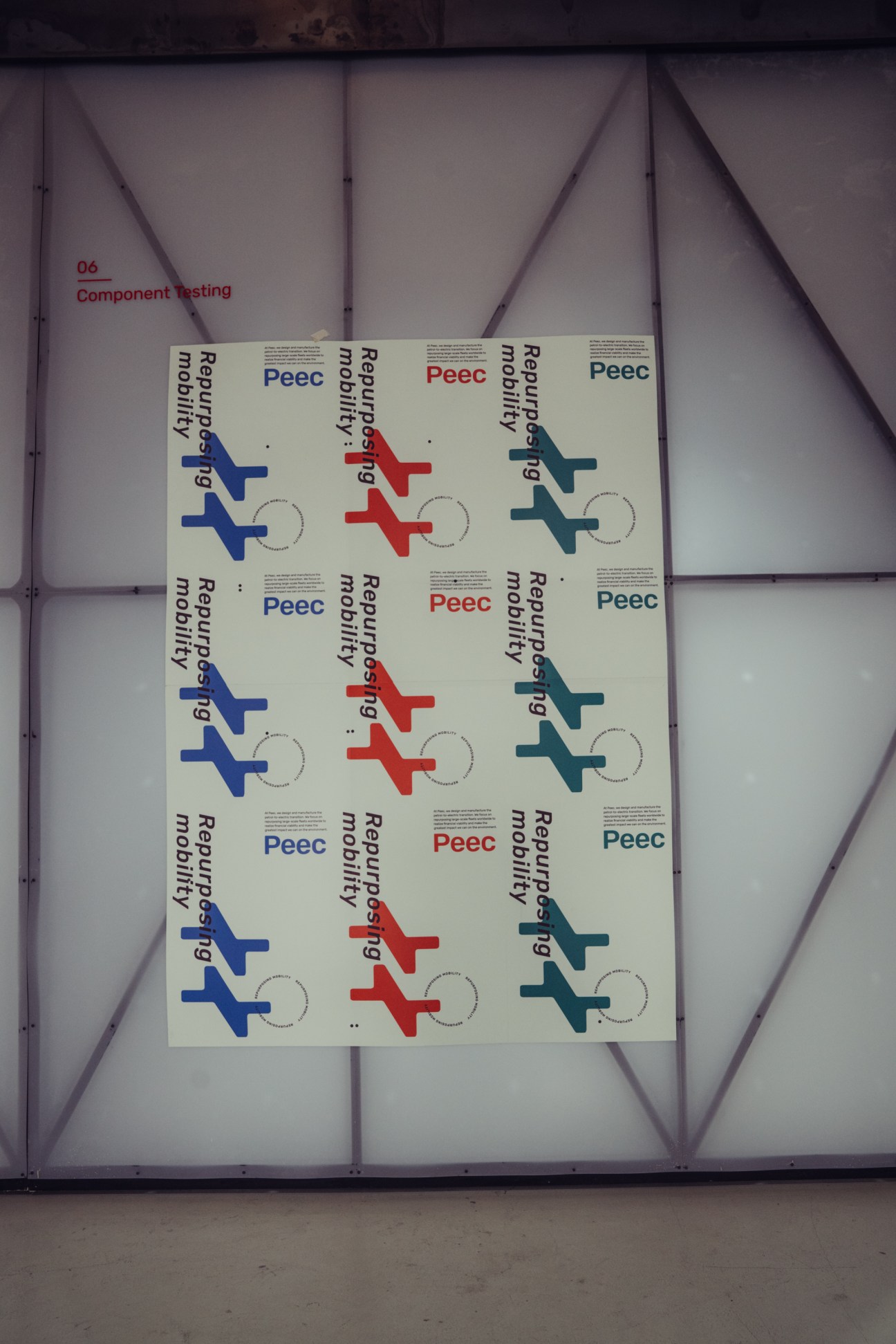 Grid display of nine Peec Mobility branding sheets with airplane icons in blue, red, and teal colors on white background.