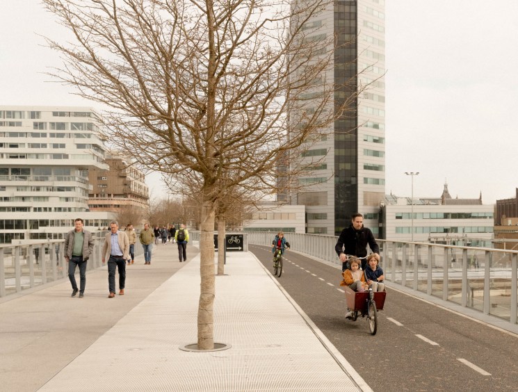 Modern bridge with pedestrian walkway and dedicated bicycle lane separated by railings in Dutch urban setting