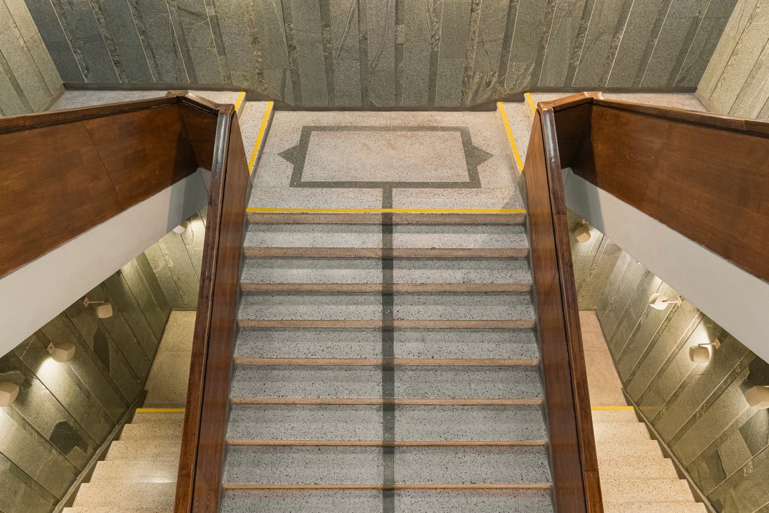 Modernist central staircase at the Kaunas Picture Gallery featuring clean geometric lines and minimal design