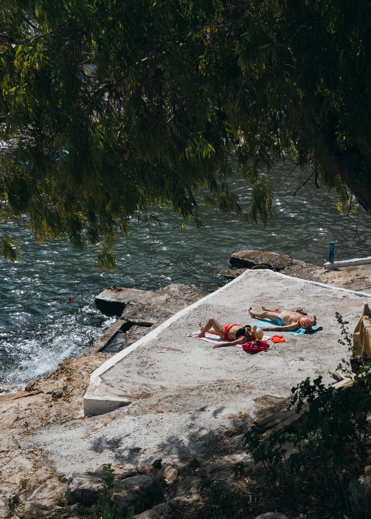 Two people sunbathing on a concrete platform beside water with overhanging willow branches