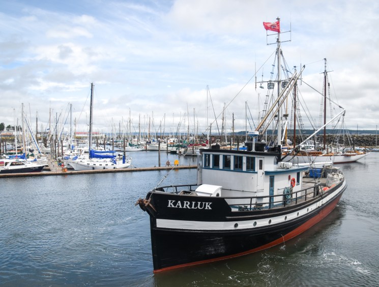 Historic fishing vessel Karluk moored at Port Townsend marina with white wheelhouse and black hull