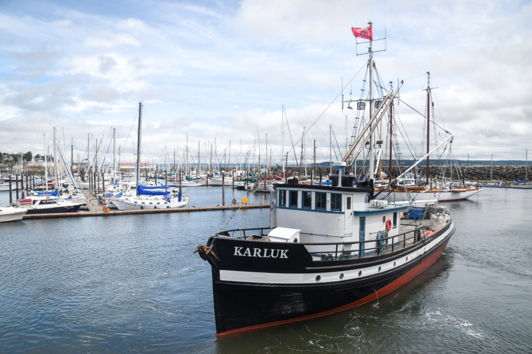 Historic fishing vessel Karluk moored at Port Townsend marina with white wheelhouse and black hull