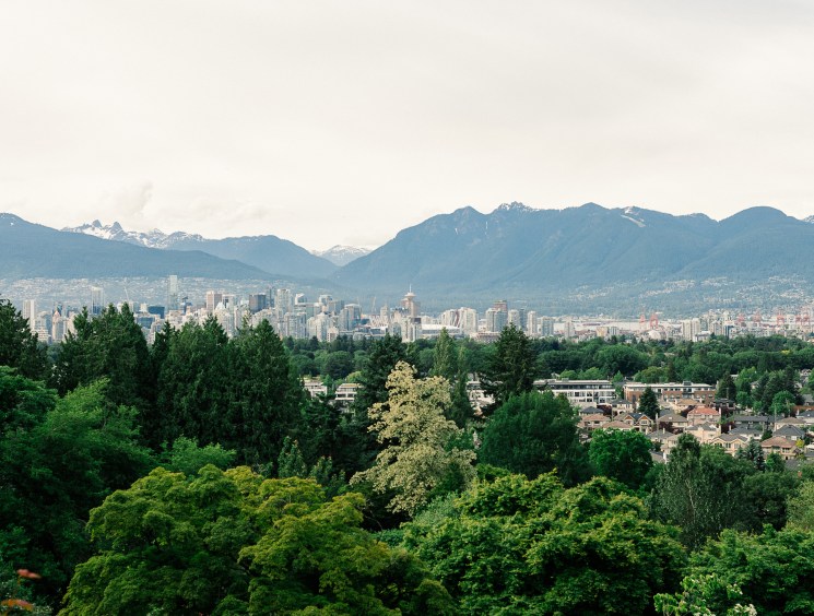City skyline framed by lush forest and snow-capped mountains.