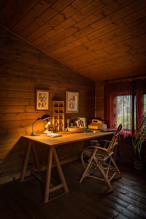 Wooden office workspace inside a log cabin with desk, chair, lamp and botanical artwork on walls.